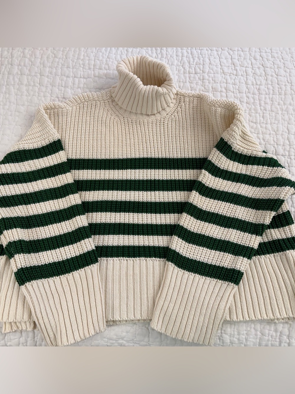 Madewell Cream and Dark Green Striped Turtleneck Sweater